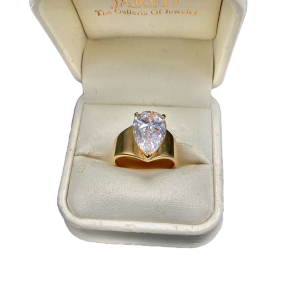 10K Gold Filled Ring with Brilliant Cubic Zirconia Pear Shaped Stone Wide Band